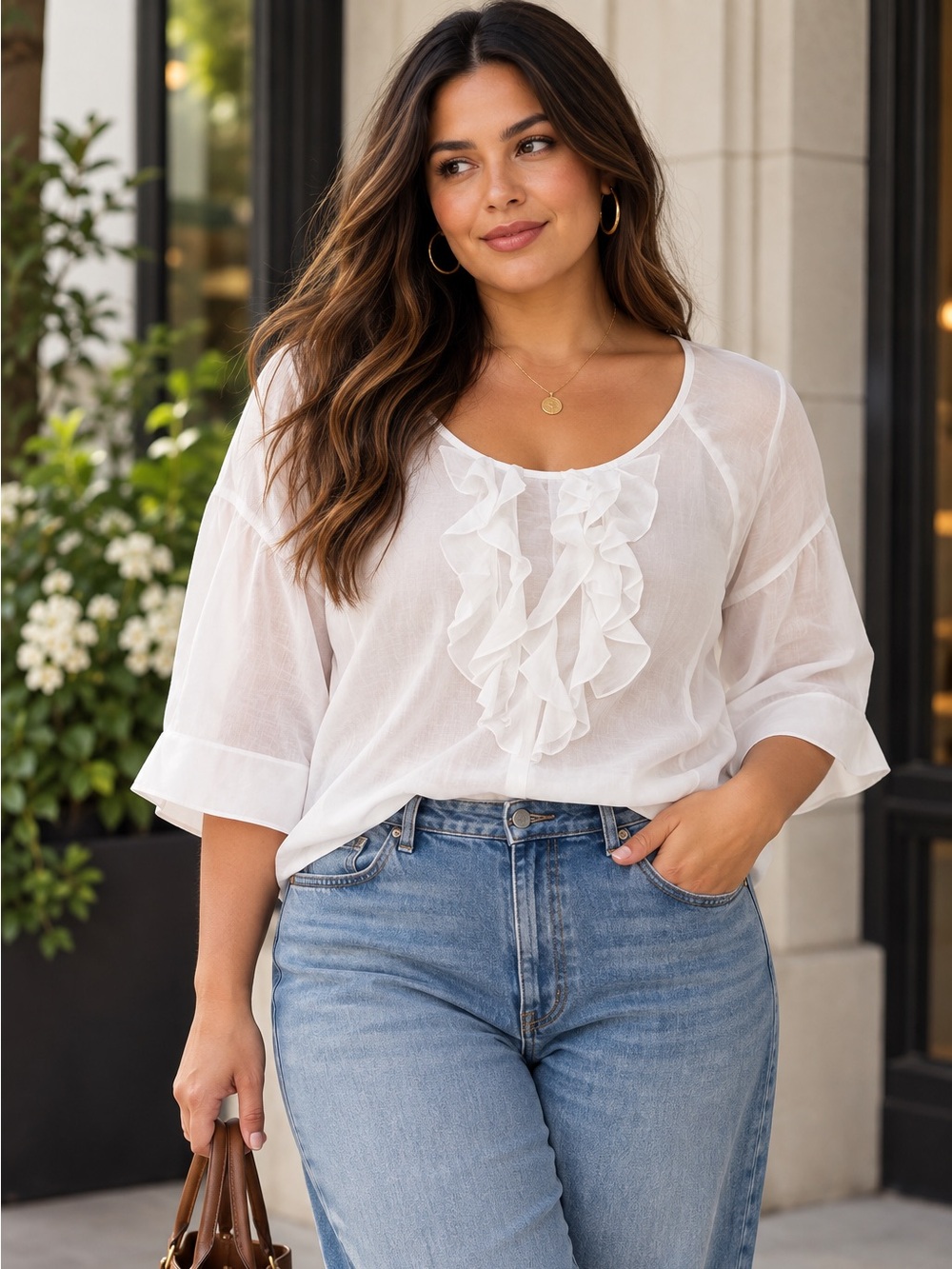 Vintage Y2K Gap Silk Cotton Ruffle Blouse White Sheer 3/4 Sleeve